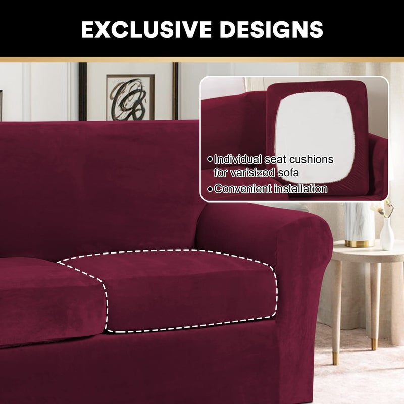 PrinceDeco Velvet Plush Couch Cover Stretch 2 Piece Chair Cover Chair Slipcover Washable Furniture Protector Couch Soft with Elastic Bottom Armchair Cover Width Up to 49 Inch(Small, Burgundy) - Image 5